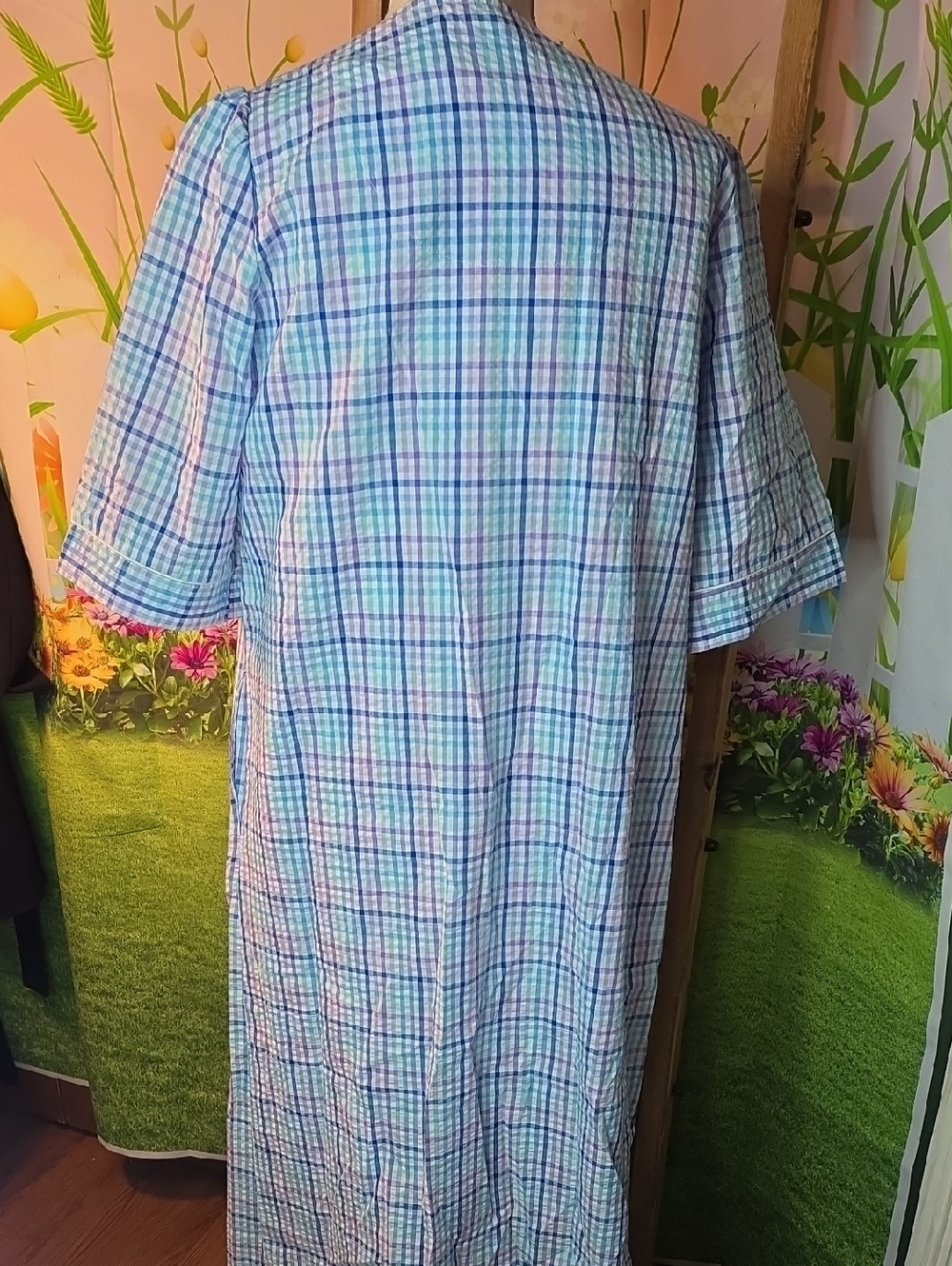 Miss Elaine Blue Embroidered Seersucker House Coat/Robe Zip Front In SmallP - Picture 7 of 10